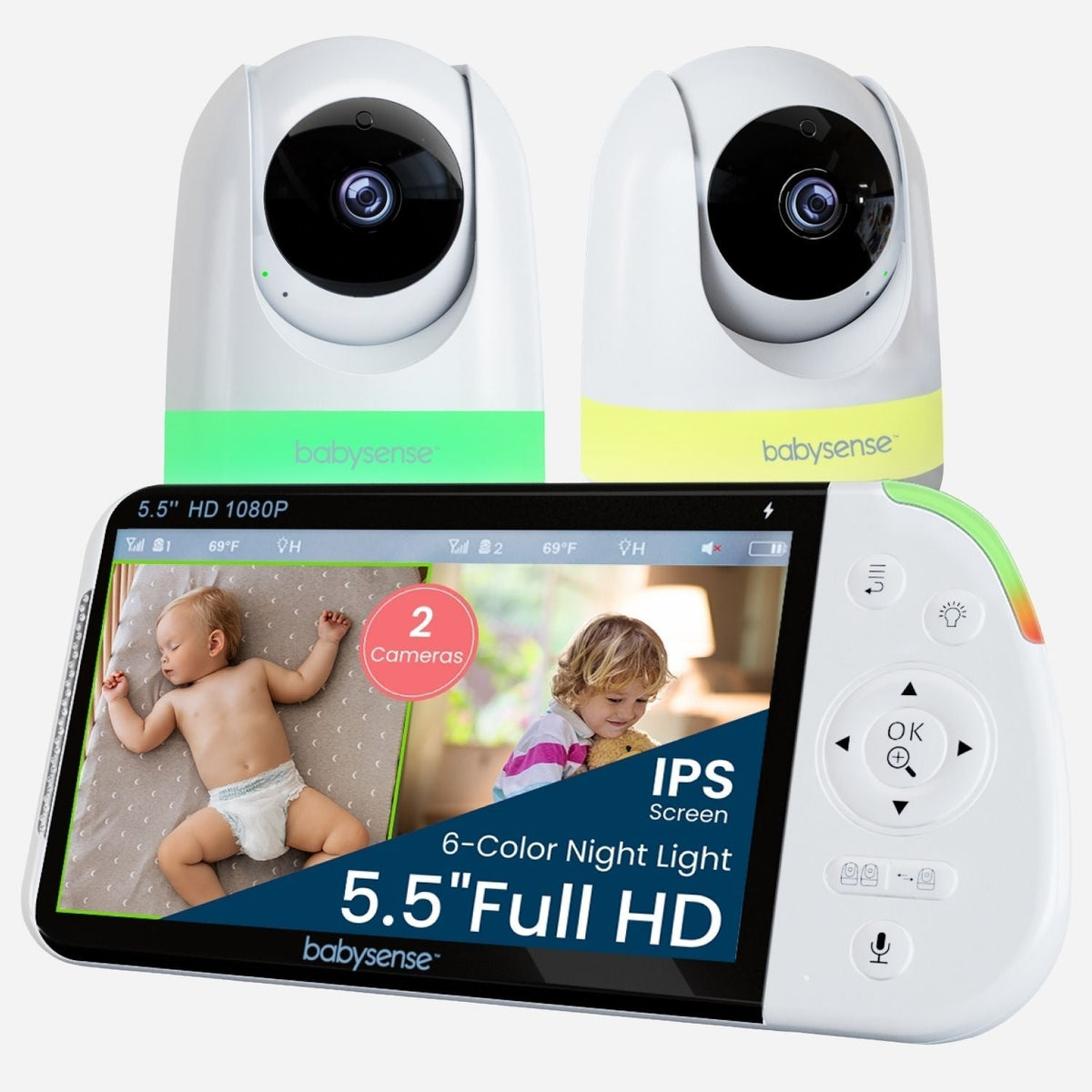 Babysense Max View: Video Baby Monitor with 2 Cameras, Non Wifi, Split Screen, Night Light & Sound Machine - Kidsy