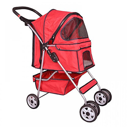 BestPet Pet Stroller Cat Dog Cage Stroller Travel Folding Carrier (Red, 4 Wheels) - Kidsy