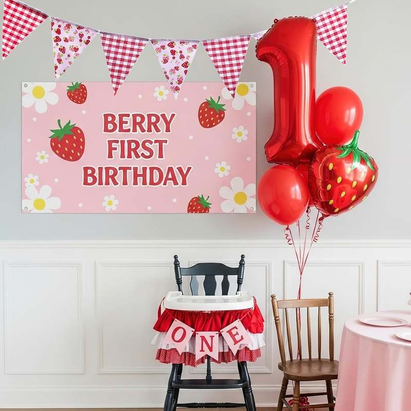 Besttideyes Strawberry Party Decorations Fabric Banner (11 - Piece, Pink/Red) - Kidsy