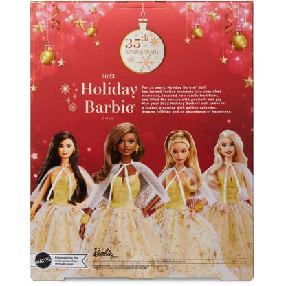 2023 Holiday Barbie Doll Golden Gown and Dark Brown Hair