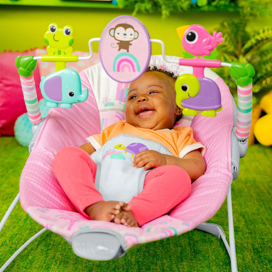 Bright Starts Baby Bouncer with Toy Bar & Vibrations (Pink Paradise) - Kidsy