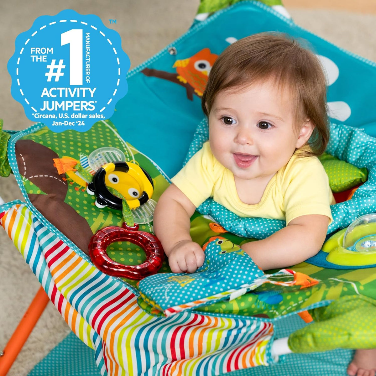 Bright Starts Pop 'N Jump Portable Baby Jumper, 6–12 Months (Owl Forest) - Kidsy