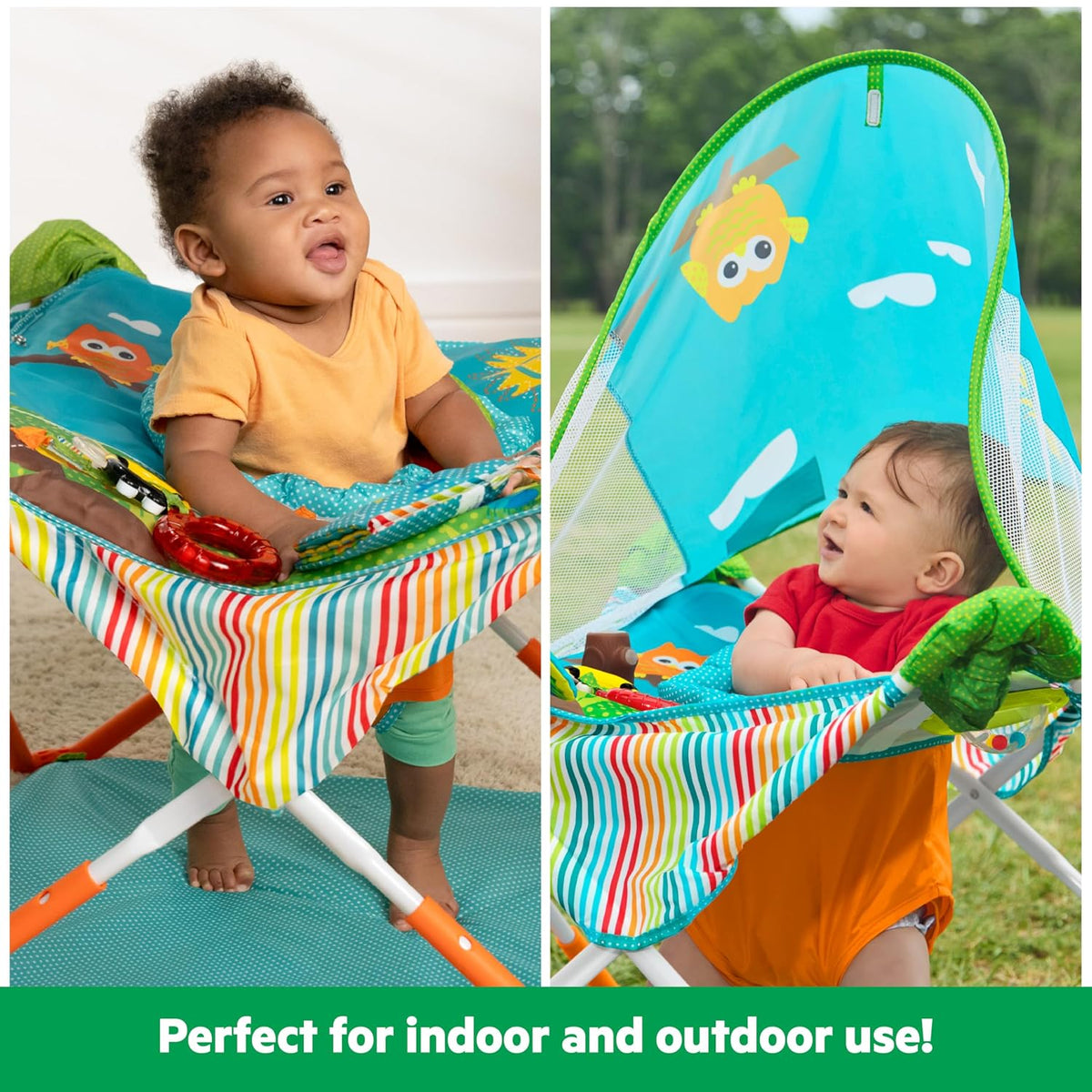 Bright Starts Pop 'N Jump Portable Baby Jumper, 6–12 Months (Owl Forest) - Kidsy