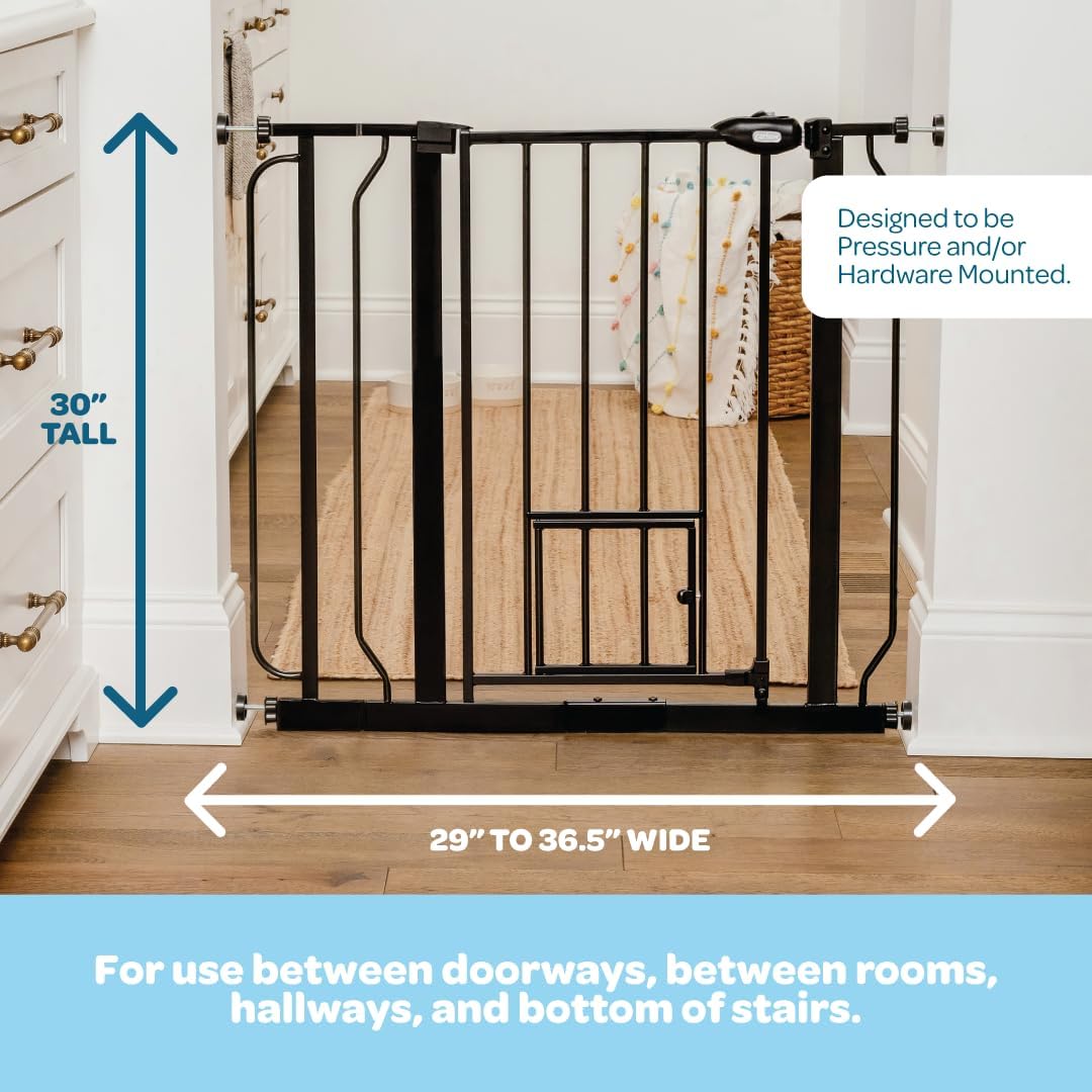 Carlson 29.5–36.5” Extra Wide Dog Gate with Small Pet Door (Black, Metal) - Kidsy