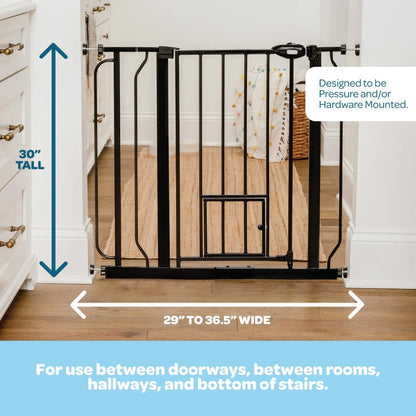 Carlson 29.5–36.5” Extra Wide Dog Gate with Small Pet Door (Black, Metal) - Kidsy