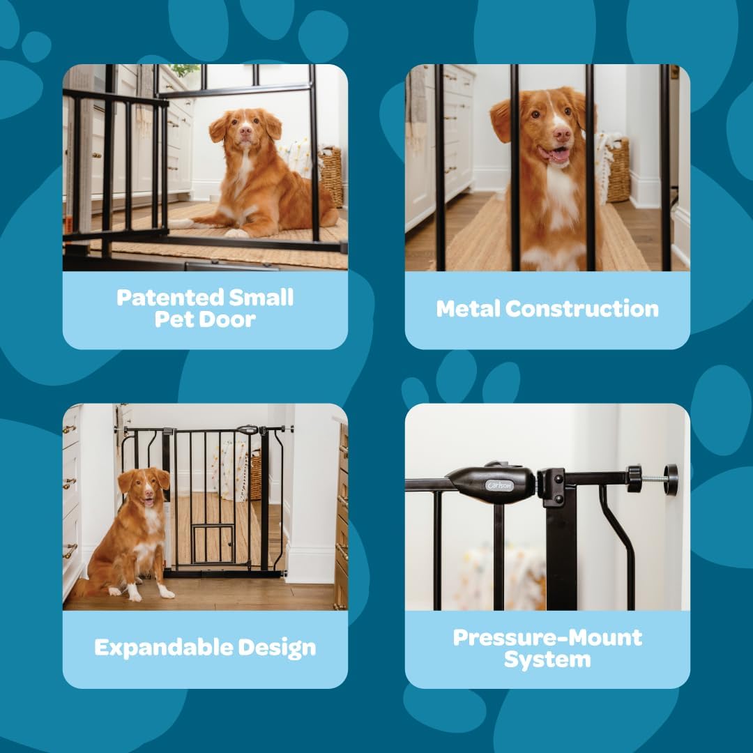 Carlson 29.5–36.5” Extra Wide Dog Gate with Small Pet Door (Black, Metal) - Kidsy