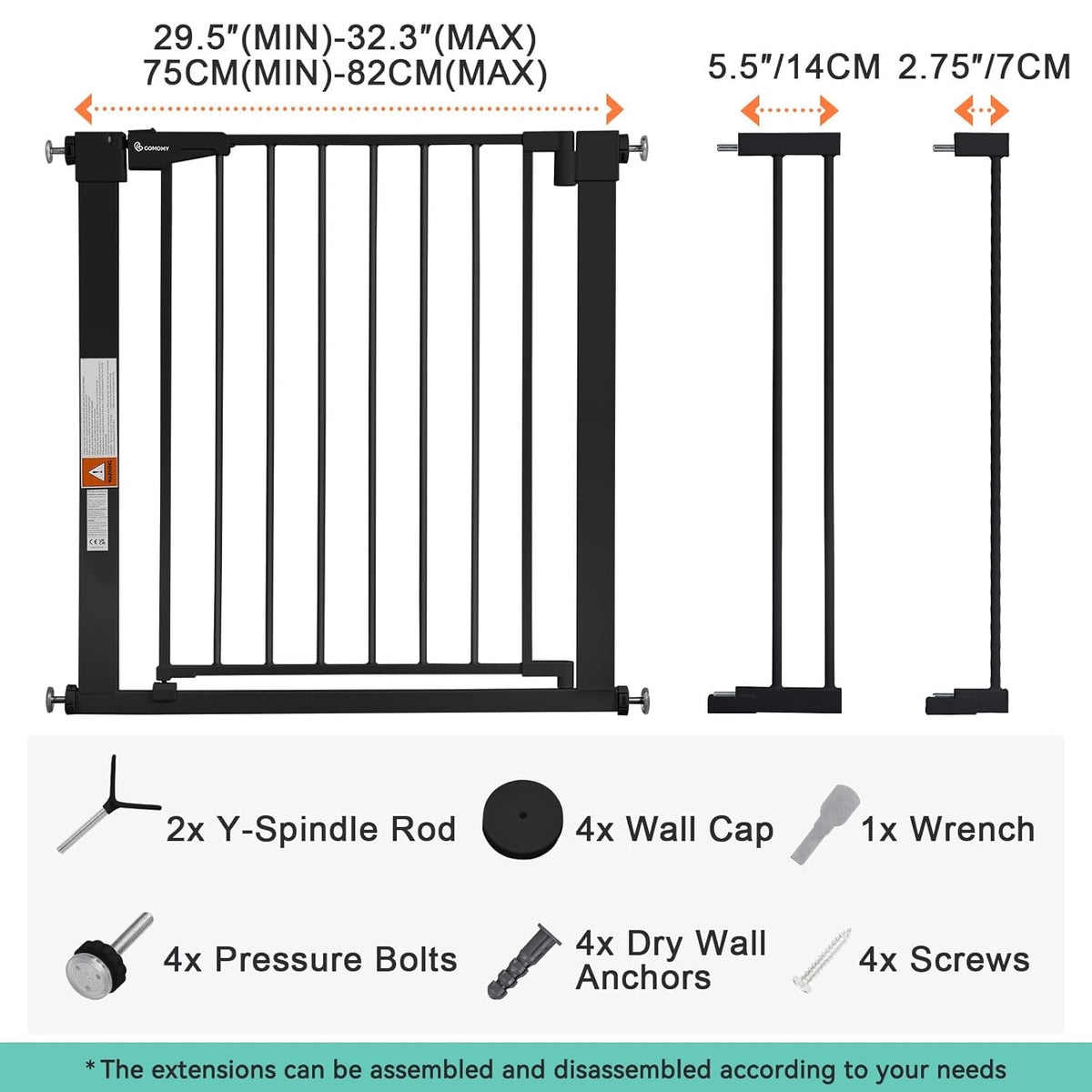 COMOMY 30" Tall Baby Gate for Stairs Doorways, Fits Openings 29.5" to 40.5" Wide (Black) - Kidsy