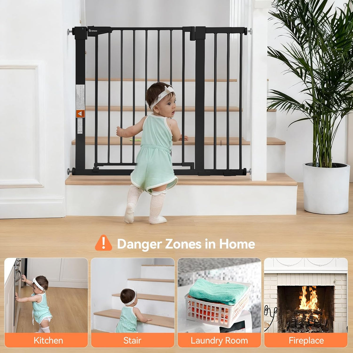 COMOMY 30" Tall Baby Gate for Stairs Doorways, Fits Openings 29.5" to 40.5" Wide (Black) - Kidsy
