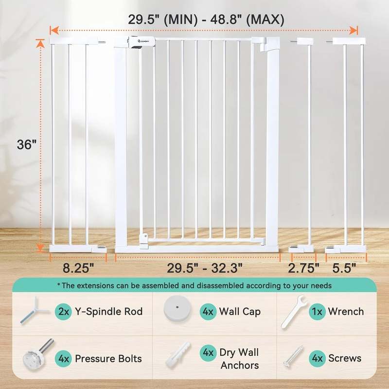 COMOMY 36" Extra Tall Baby Gate, Fits 29.5"–48.8" (White) - Kidsy