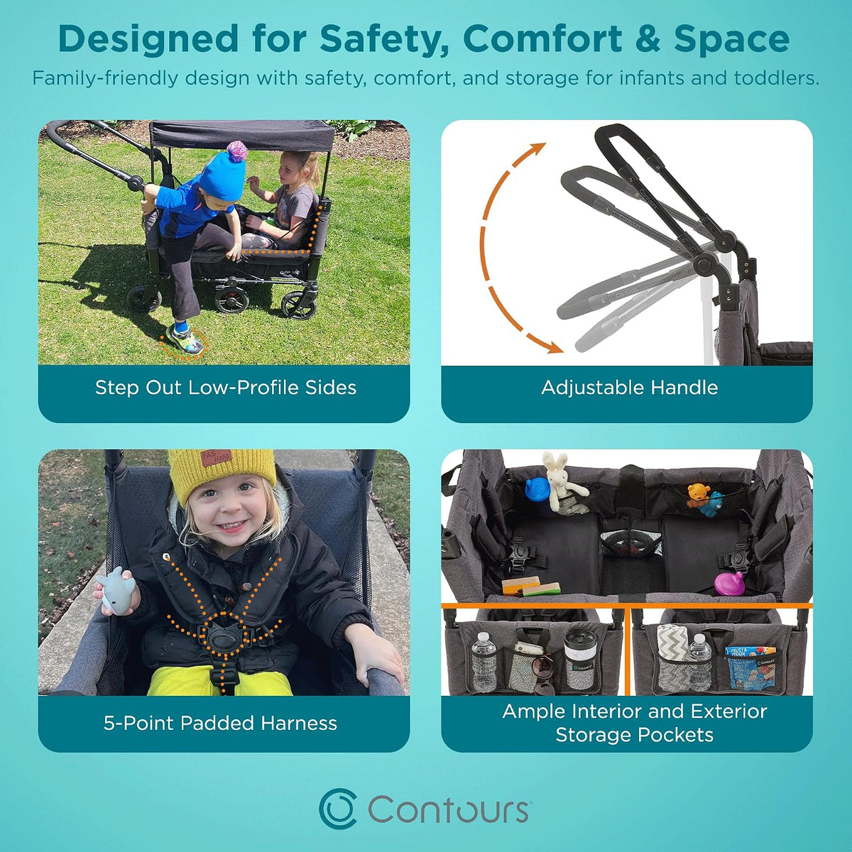 Contours Curve 360 Double Stroller Wagon with Car Seat Compatibility (Black) - Kidsy