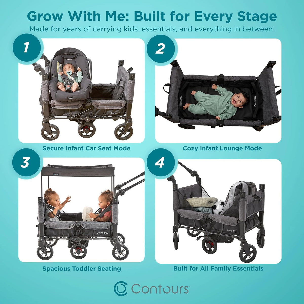 Contours Curve 360 Double Stroller Wagon with Car Seat Compatibility (Black) - Kidsy
