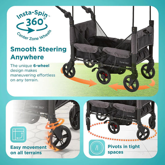 Contours Curve 360 Double Stroller Wagon with Car Seat Compatibility (Black) - Kidsy