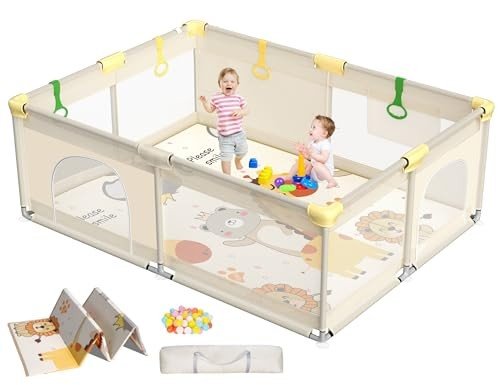 CoziBB Extra Large Baby Playpen with Mat (71" × 59" | Beige) - Kidsy