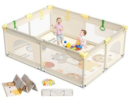 CoziBB Extra Large Baby Playpen with Mat (71" × 59" | Beige) - Kidsy