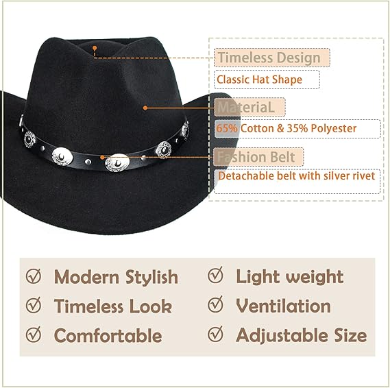 CXQRR Cowboy Hat with Removable Belt (Black) - Kidsy