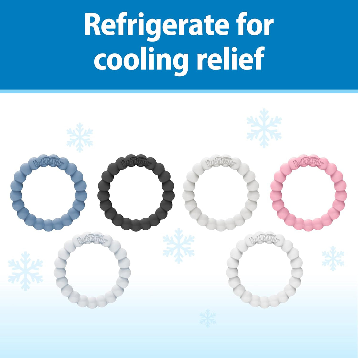 Dr. Brown's Flexees Teether Rings, 100% Silicone, Soft and Easy to Hold, 3 Pack, Pink, White, Gray, BPA Free, 3m+ - Kidsy