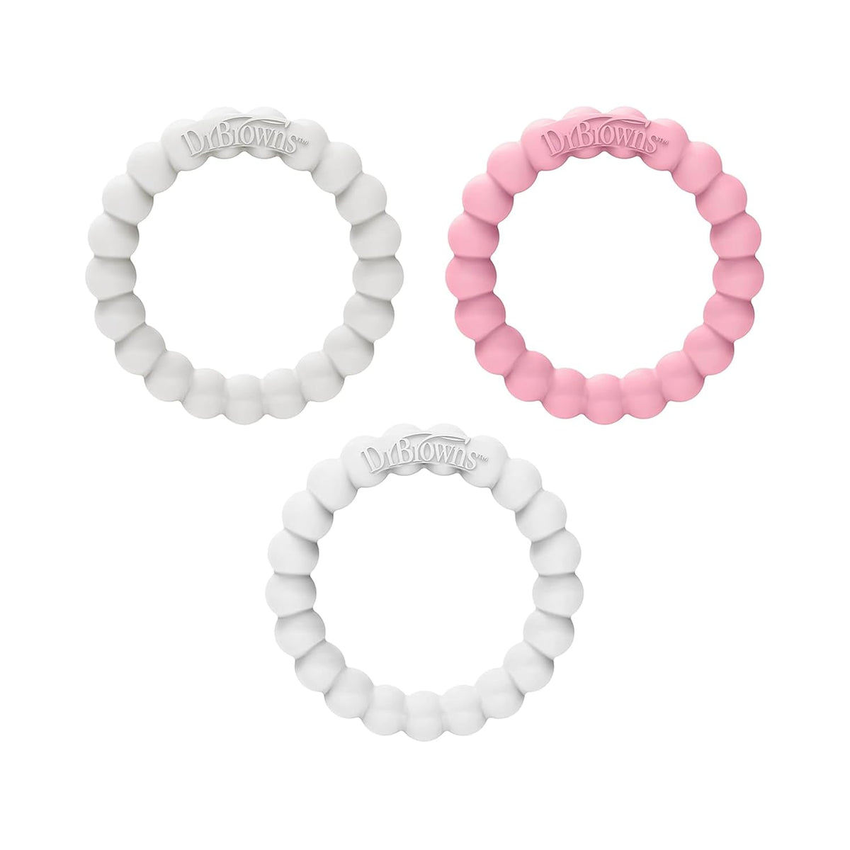 Dr. Brown's Flexees Teether Rings, 100% Silicone, Soft and Easy to Hold, 3 Pack, Pink, White, Gray, BPA Free, 3m+ - Kidsy