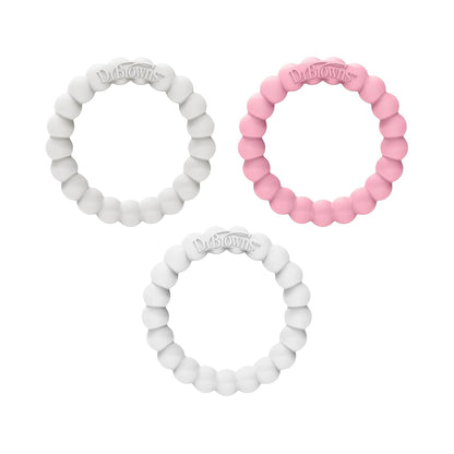 Dr. Brown's Flexees Teether Rings, 100% Silicone, Soft and Easy to Hold, 3 Pack, Pink, White, Gray, BPA Free, 3m+ - Kidsy
