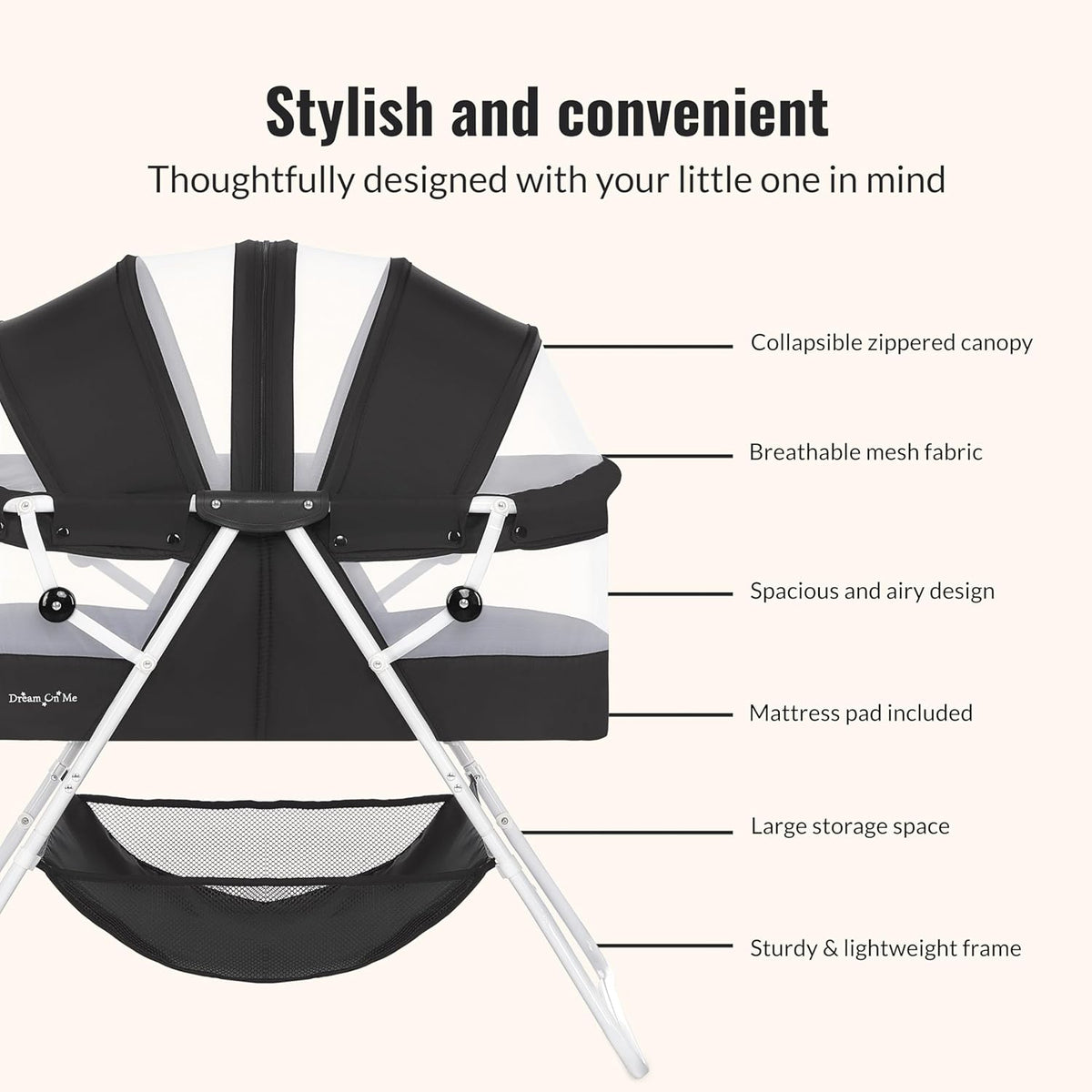 Dream On Me Karley Bassinet, Award Winner Lightweight Travel Baby Bassinet, Foldable Bedside Sleeper (Black) - Kidsy