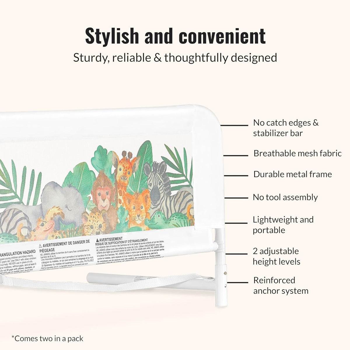 Dream On Me Lightweight Mesh Security Adjustable Bed Rail Double Pack (Jungle Print) - Kidsy