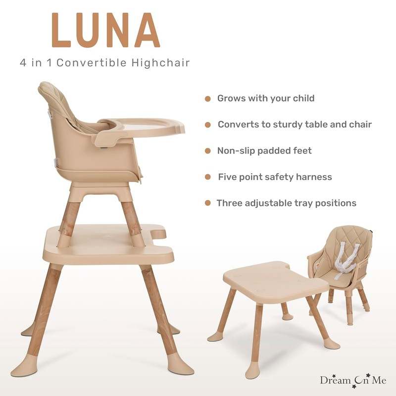 Dream On Me Luna 4 - in - 1 Convertible Baby High Chair (Beige) - Kidsy