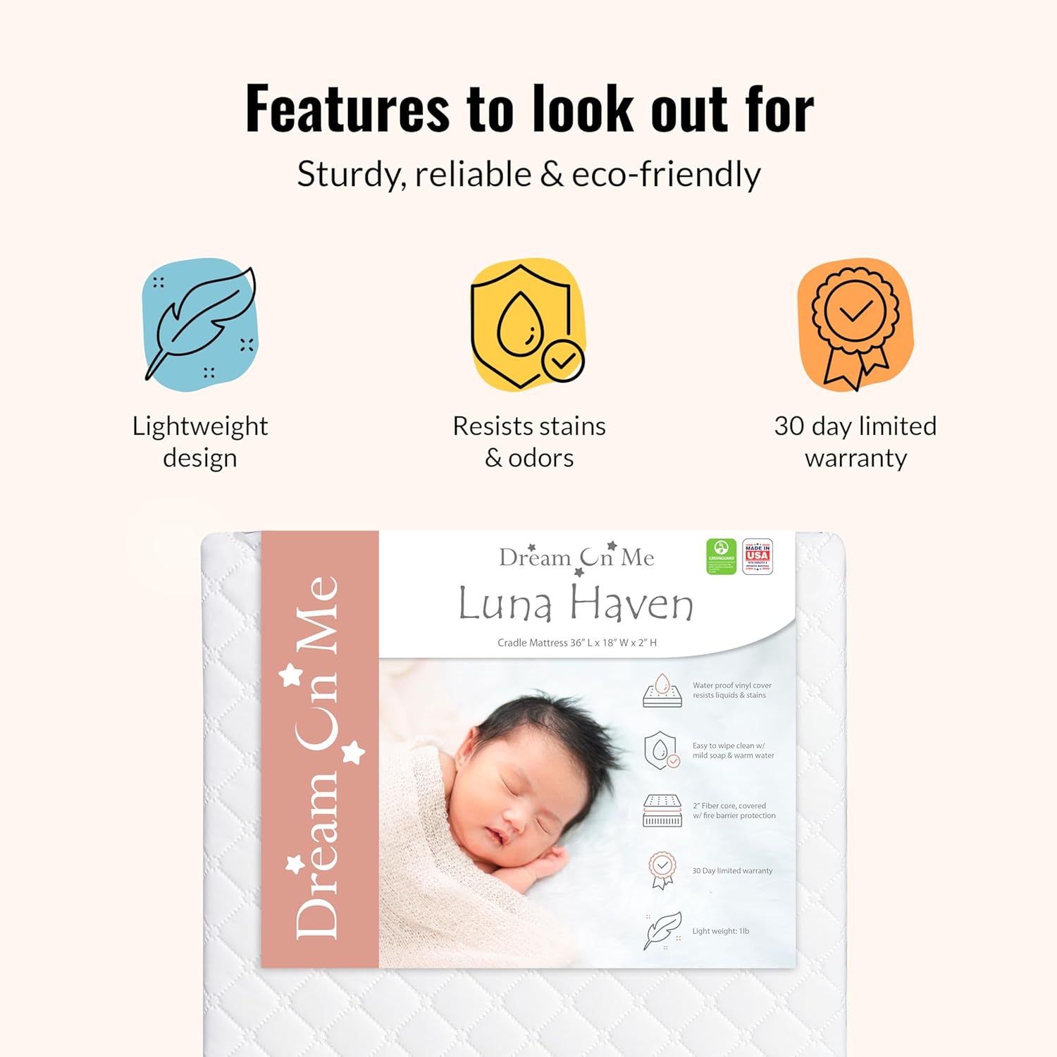 Dream On Me Luna Haven 2 - Inch Cradle Mattress with Waterproof Cover - Kidsy