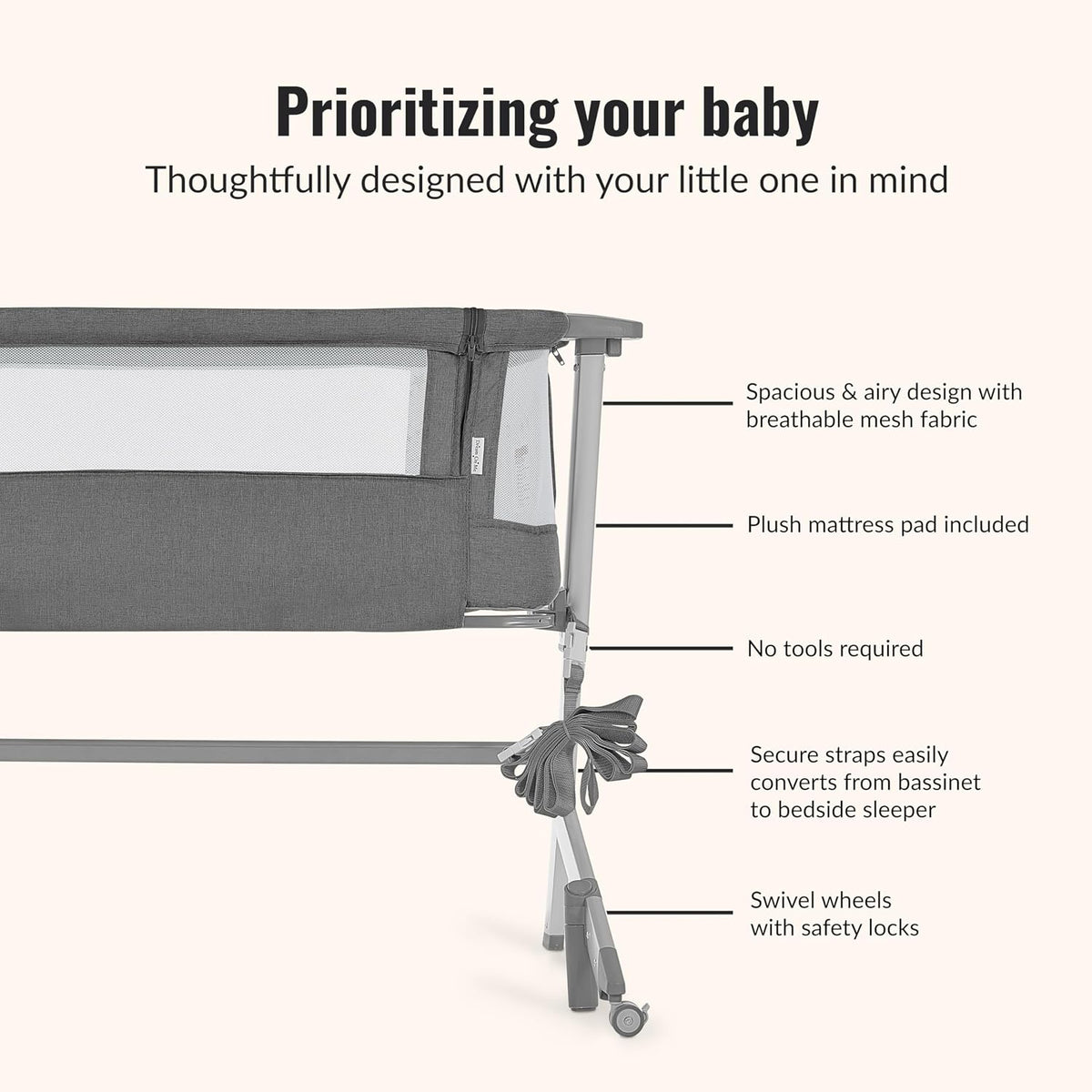 Dream On Me Skylar Bassinet and Bedside Sleeper (Grey) - Kidsy