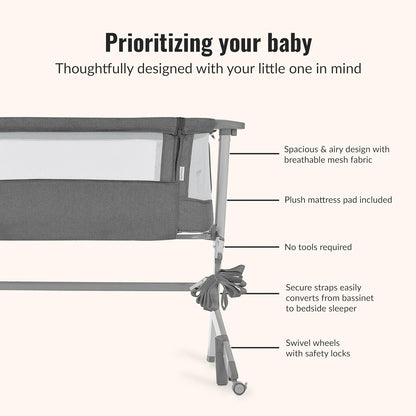Dream On Me Skylar Bassinet and Bedside Sleeper (Grey) - Kidsy