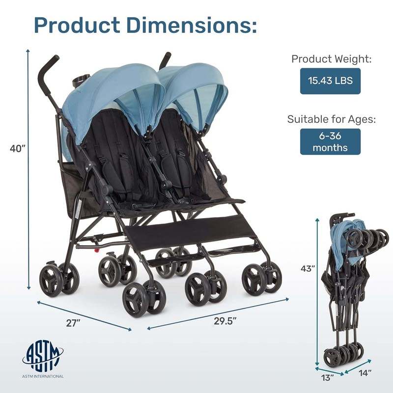 Dream on Me Twin Venture Umbrella Stroller (Light Blue) - Kidsy