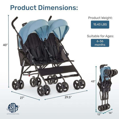Dream on Me Twin Venture Umbrella Stroller (Light Blue) - Kidsy