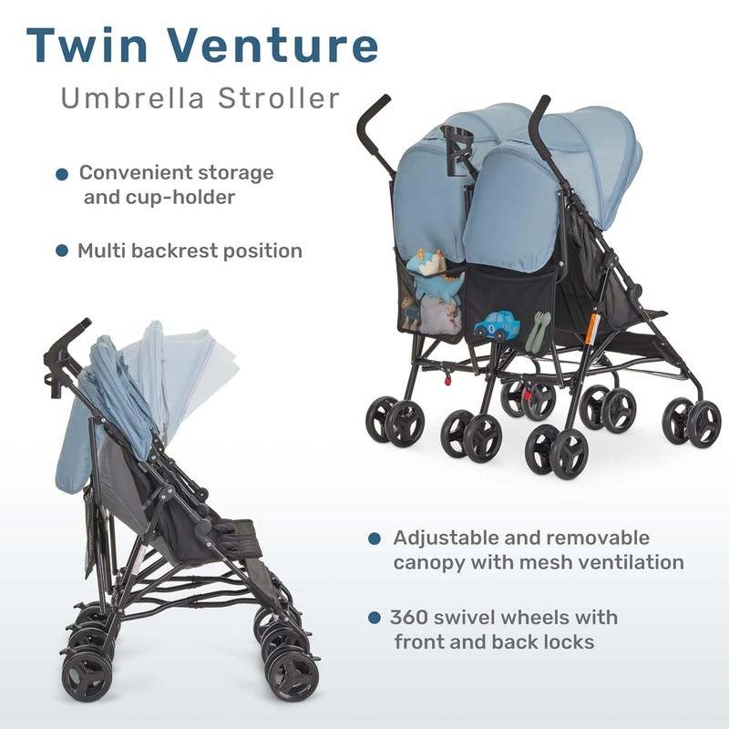 Dream on Me Twin Venture Umbrella Stroller (Light Blue) - Kidsy