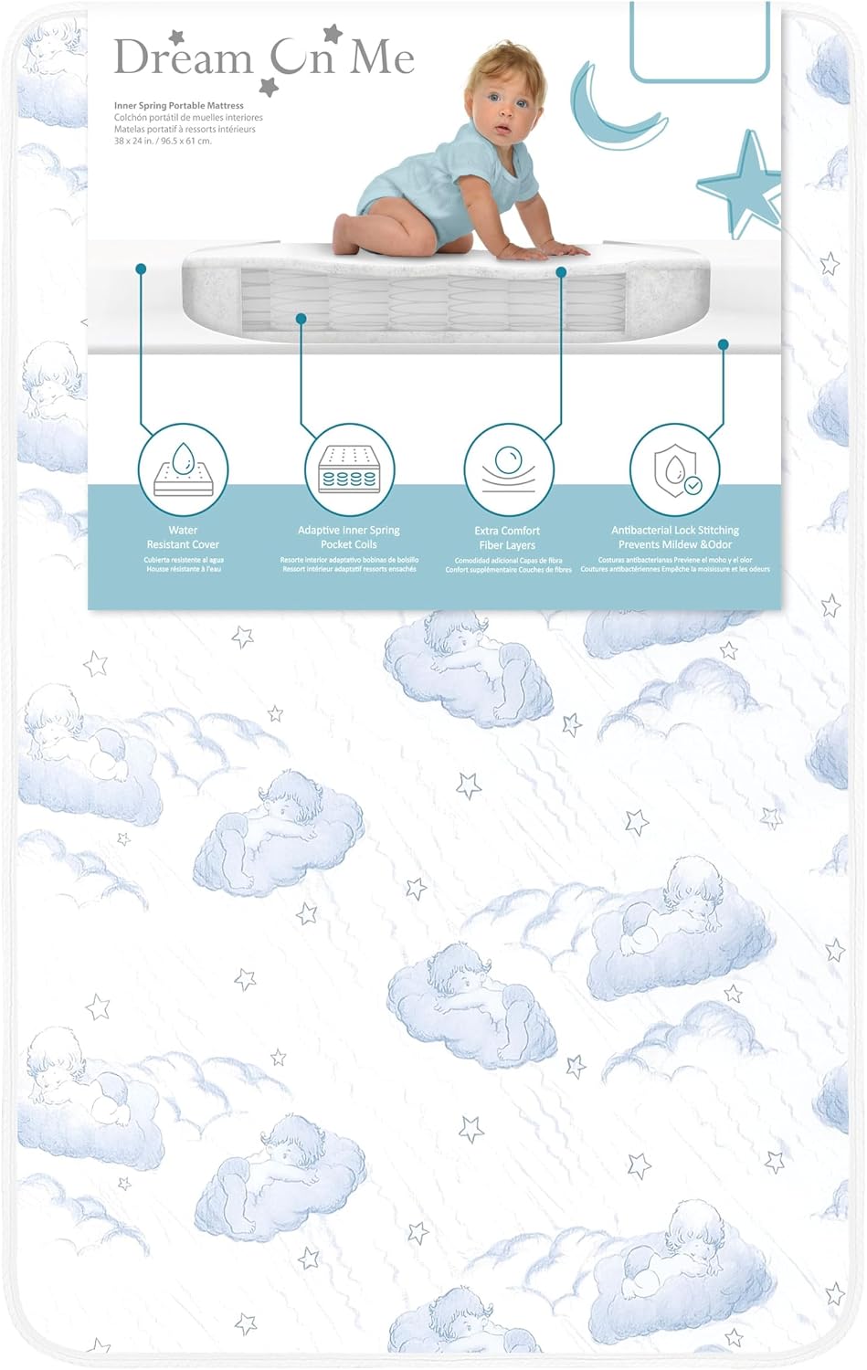 Dream On Me5" Spring Coil Portable Crib Mattress (White/Blue) - Kidsy
