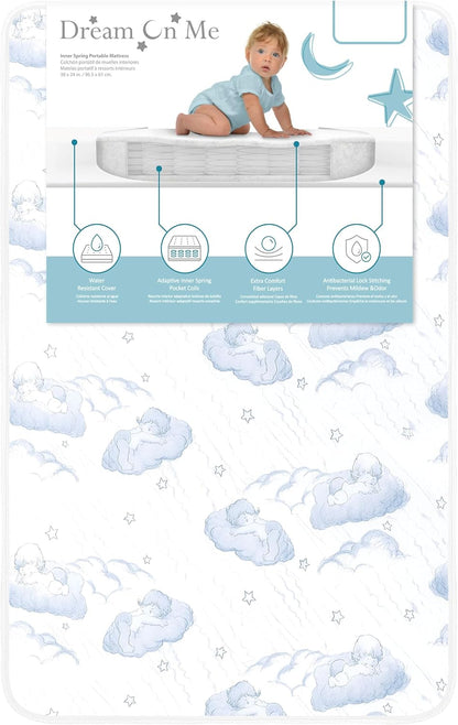Dream On Me5" Spring Coil Portable Crib Mattress (White/Blue) - Kidsy