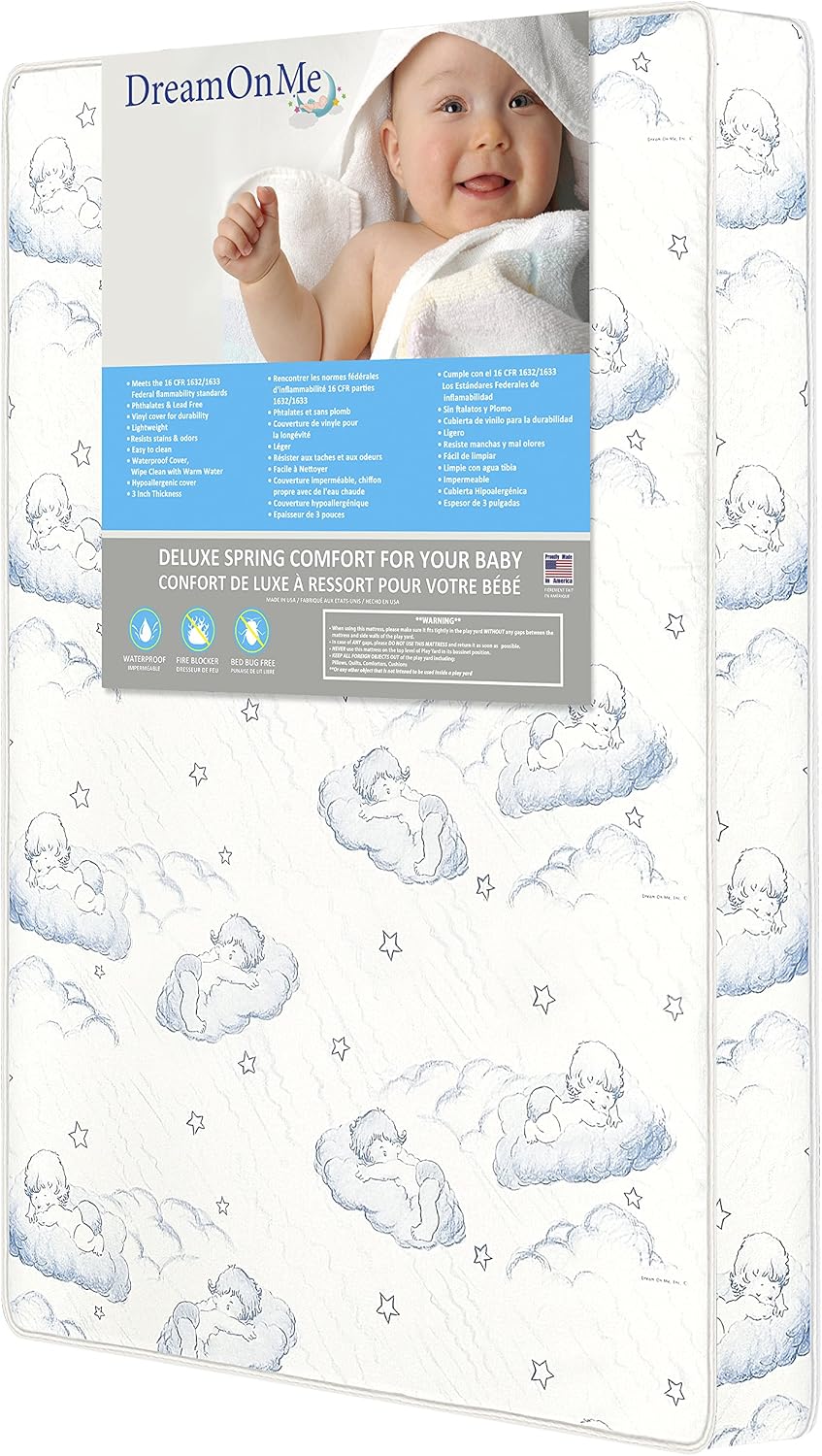 Dream On Me5" Spring Coil Portable Crib Mattress (White/Blue) - Kidsy