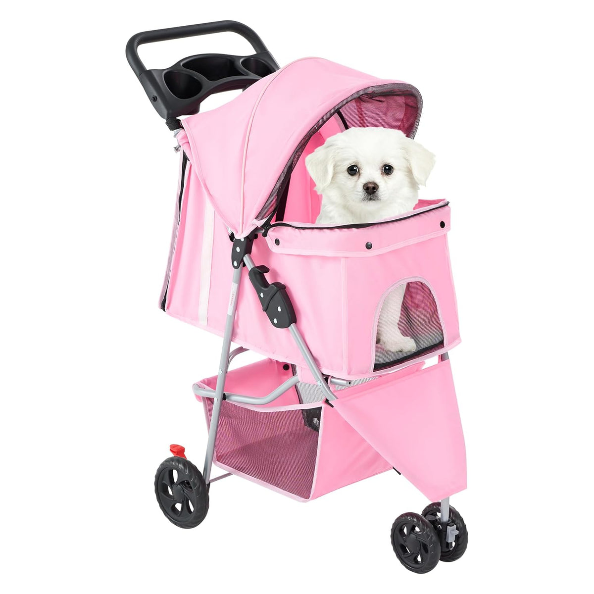 DUMOS 3-Wheel Foldable Pet Stroller with Storage & Cup Holder (Pink) - Kidsy