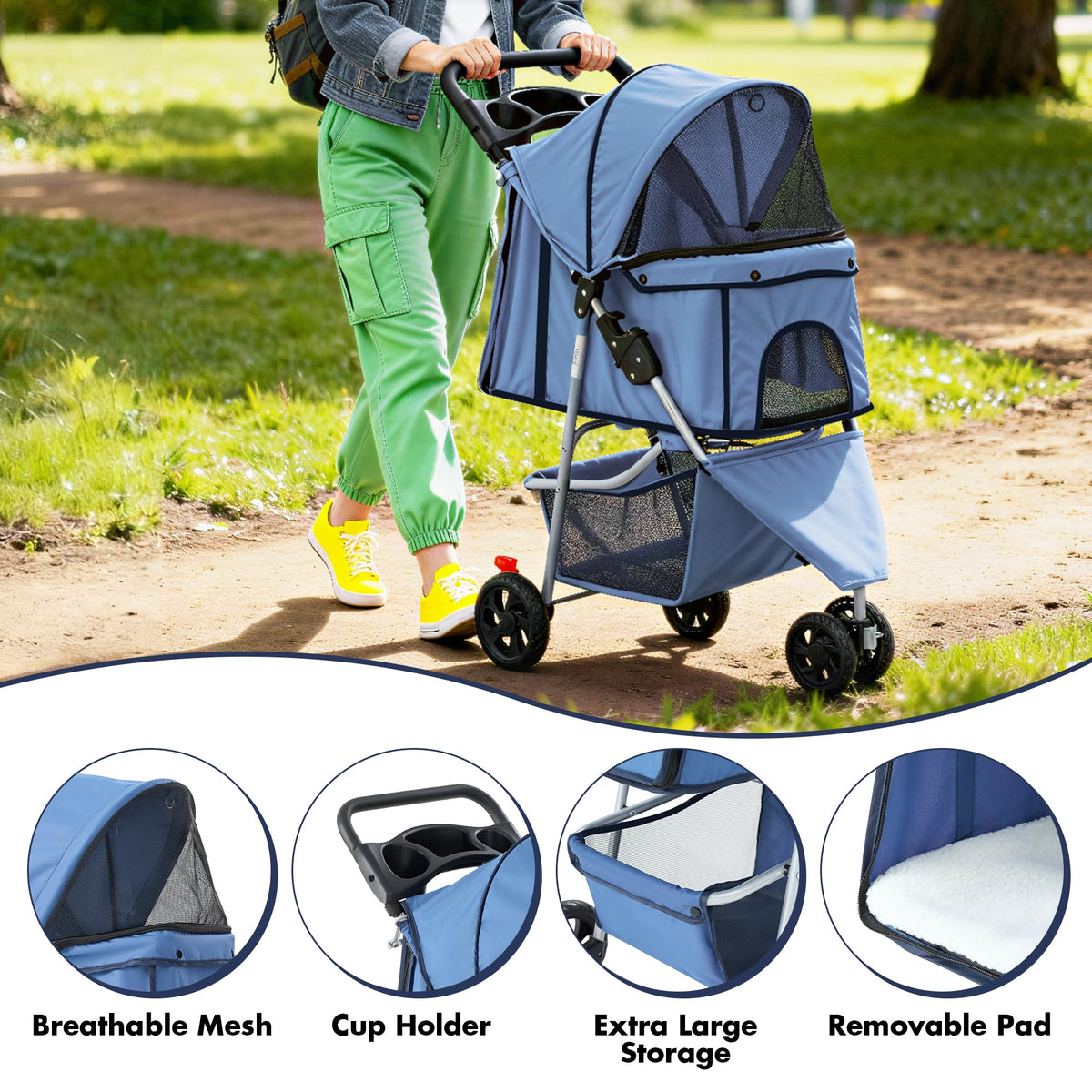 DUMOS Lightweight Foldable 3-Wheel Pet Stroller for Small Dogs and Cats (Blue) - Kidsy