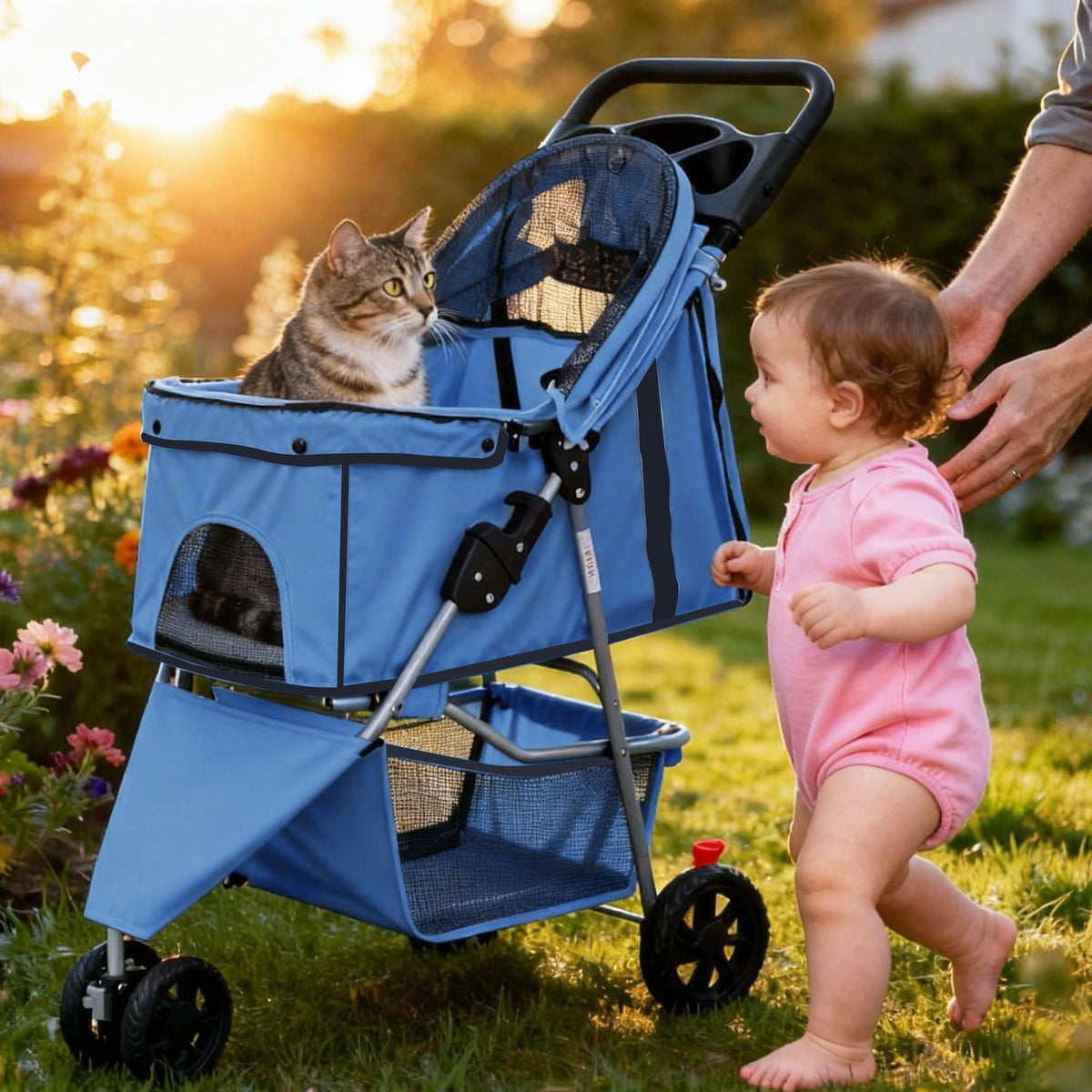 DUMOS Lightweight Foldable 3-Wheel Pet Stroller for Small Dogs and Cats (Blue) - Kidsy