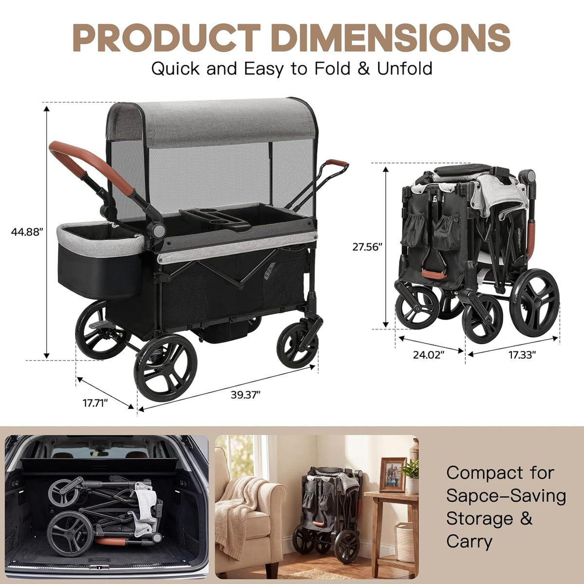 ELEMARA All-Terrain Stroller Wagon for 2 Kids (Grey+Black) - Kidsy