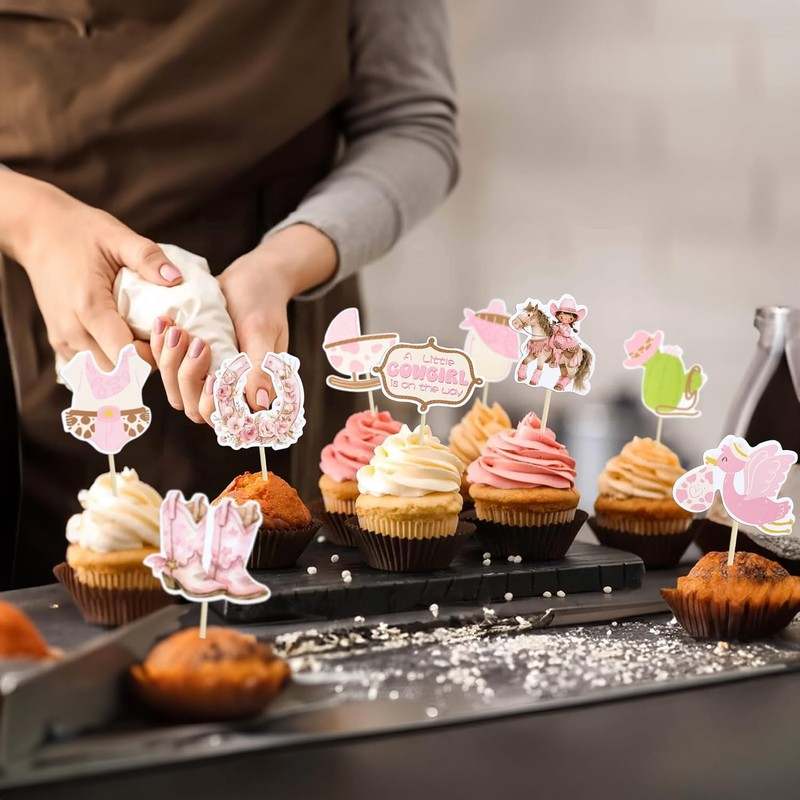 Ephlyn 36Pcs A little Cowgirl is On The Way Cupcake Toppers (Pink) - Kidsy