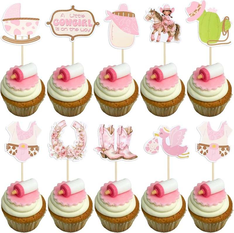 Ephlyn 36Pcs A little Cowgirl is On The Way Cupcake Toppers (Pink) - Kidsy