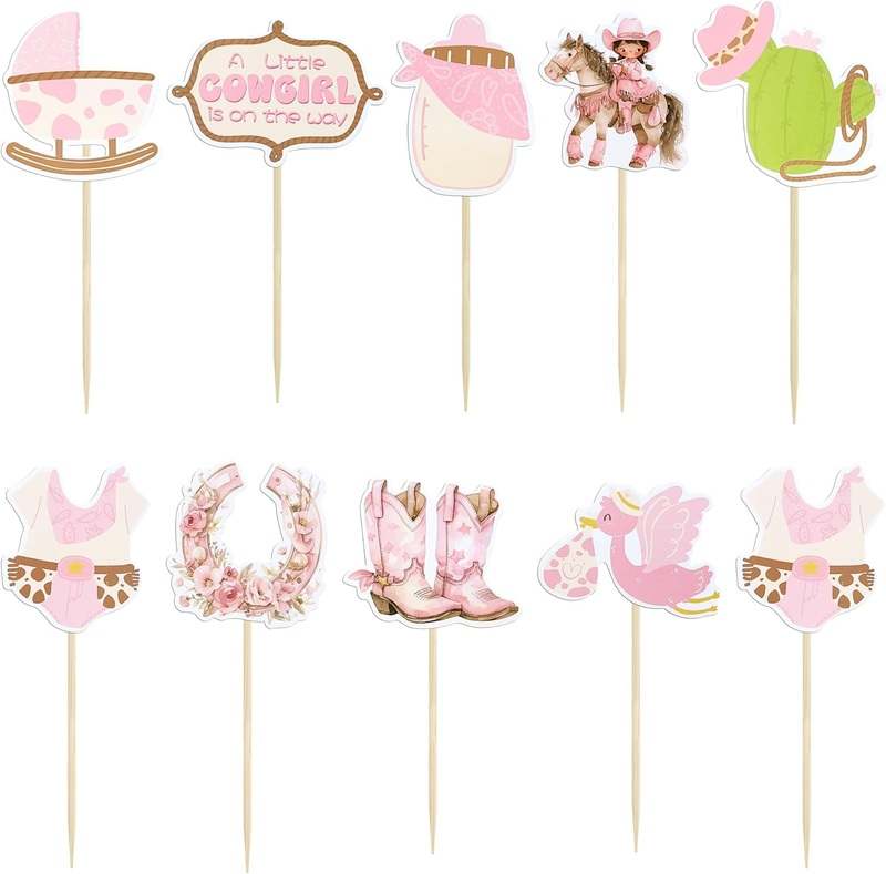 Ephlyn 36Pcs A little Cowgirl is On The Way Cupcake Toppers (Pink) - Kidsy