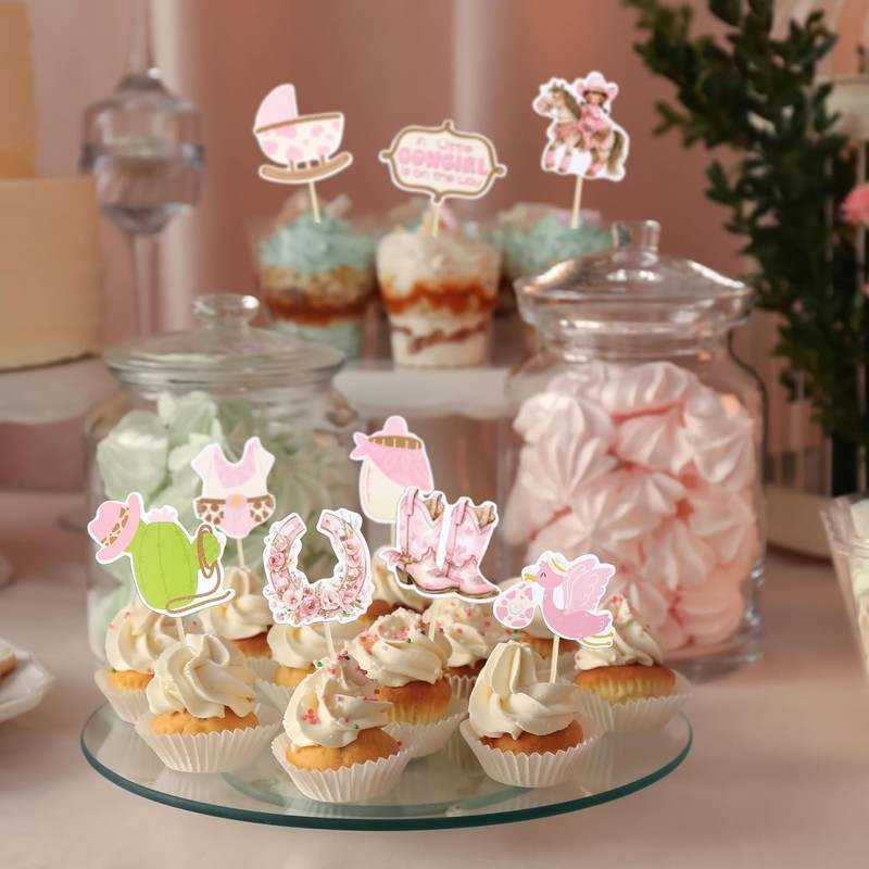 Ephlyn 36Pcs A little Cowgirl is On The Way Cupcake Toppers (Pink) - Kidsy