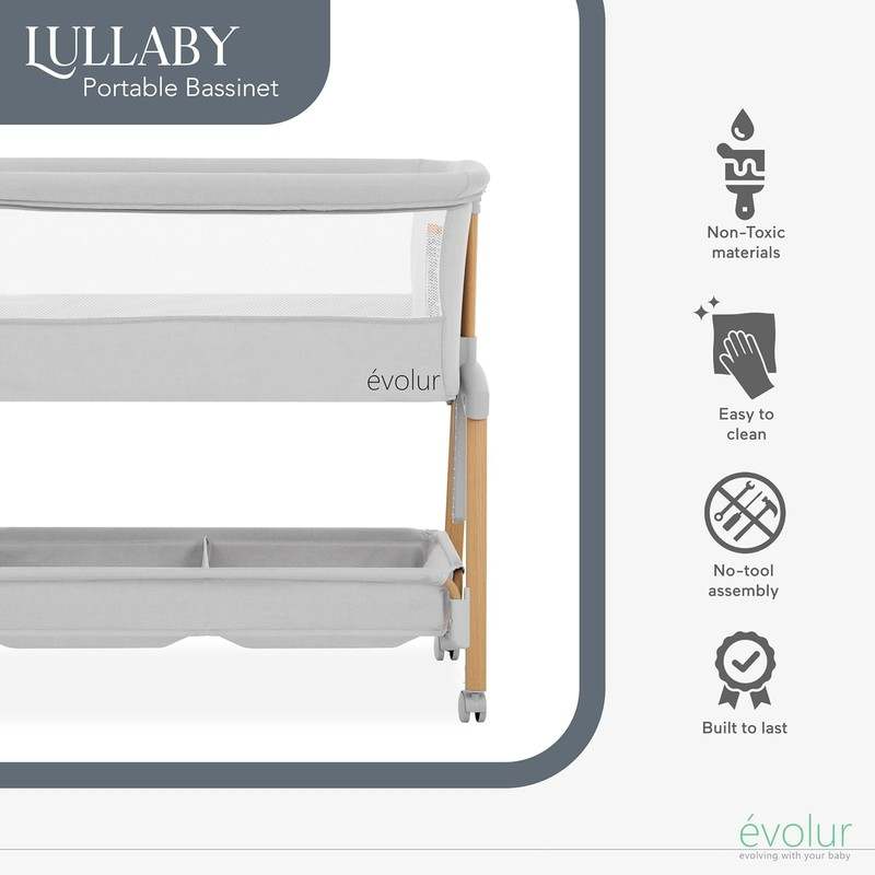 Evolur Lullaby Bedside Bassinet with Wheels (Light Gray) - Kidsy