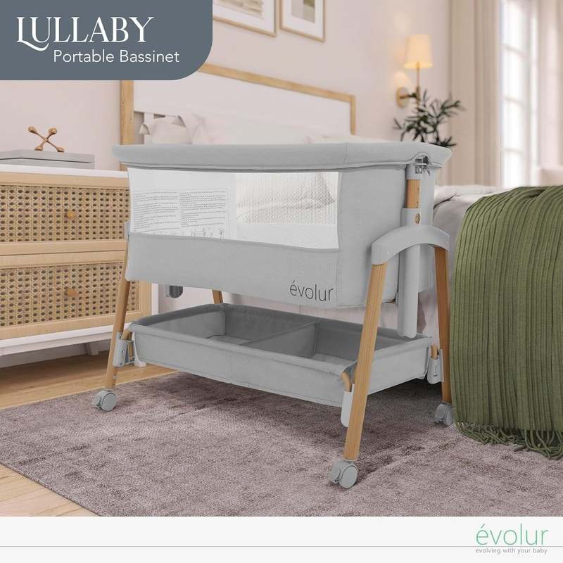 Evolur Lullaby Bedside Bassinet with Wheels (Light Gray) - Kidsy