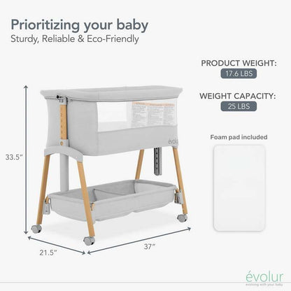 Evolur Lullaby Bedside Bassinet with Wheels (Light Gray) - Kidsy