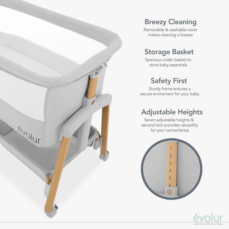 Evolur Lullaby Bedside Bassinet with Wheels (Light Gray) - Kidsy