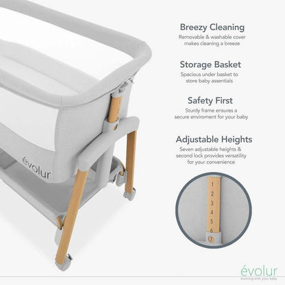 Evolur Lullaby Bedside Bassinet with Wheels (Light Gray) - Kidsy