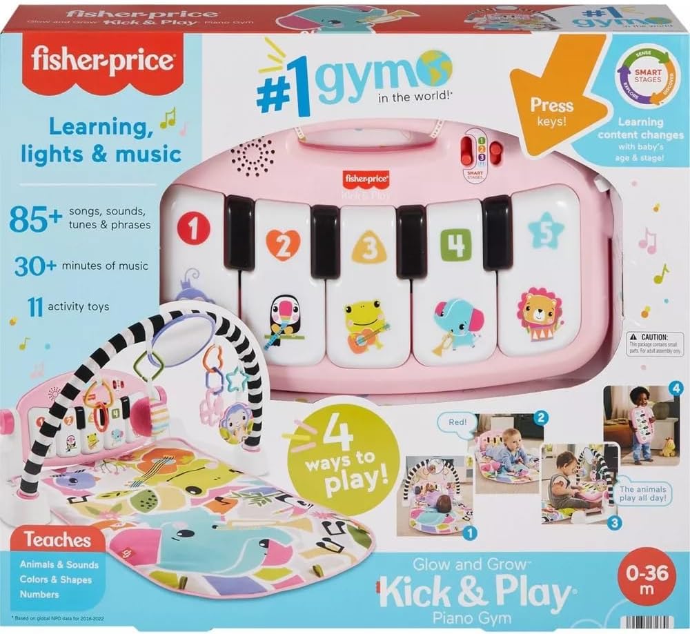 Fisher-Price Glow and Grow Kick & Play Piano Gym Baby Playmat with Musical Learning Toy (Pink) - Kidsy