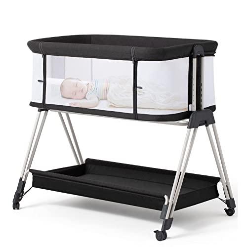 Fodoss Baby Bassinet Bedside Sleeper with Wheels and Storage Tray (Dark Grey Tweed) - Kidsy