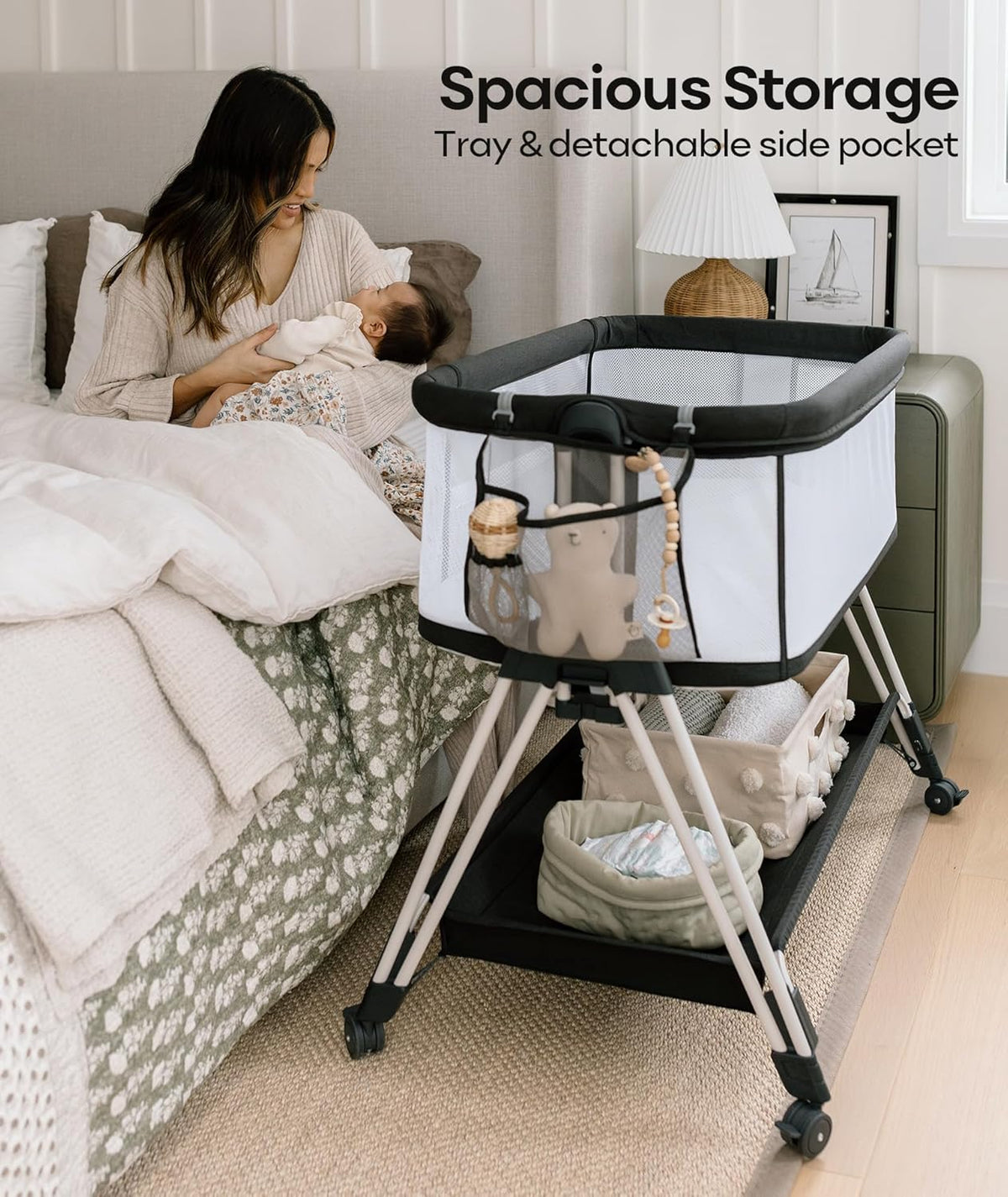 Fodoss Baby Bassinet Bedside Sleeper with Wheels and Storage Tray (Dark Grey Tweed) - Kidsy
